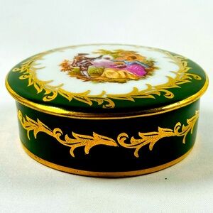 Limoges France Porcelain Trinket Box Hand Painted Scene Gold Trim Round Lid